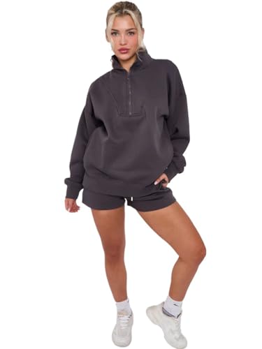 Sweat-shirt surdimensionné en polaire avec demi-fermeture éclair et short taille haute janisramone