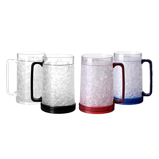 Easicozi Double Wall Gel Frosty Freezer Ice Mugs Clear Set of 4 (White black red and blue)