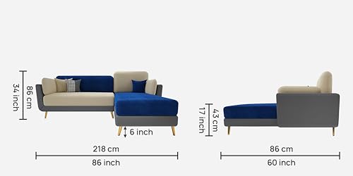 Image of Sixpine Luxury Dual Color Upholstery Lounger LHS Sofa in Premium Velvet | Solid Wood Structure | Sturdy Golden Legs | High Density Foam | Extra Comfort for Modern Living Room (Blue & Beige, 4 Seater)