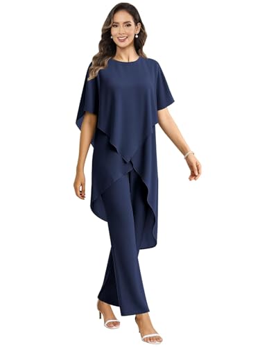 LPFZTI Navy Blue Mother of The Groom Pant Suit with Sleeves 2 Pieces Chiffon Dressy Pantsuit for Wedding Women Size 12