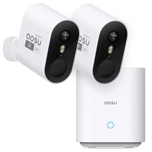 aosu 2K Wireless Indoor Outdoor WiFi Surveillance Camera Kit 2 Cameras with aosuBase, No Subscription, Up to 240 Days Battery Life, Night Color Two-Way Audio, Alert Alert