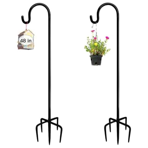 Shepherds Hooks, 2 Packs 48IN with 5 Prong Base Adjustable Metal Stake Stand Hangers Garden Heavy Duty Rust Resistant Hooks with Base, Shepherds Crook Hooks for Plant Baskets/Lanterns/Bird Feeders Cover