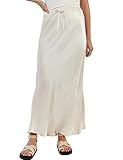 SAFRISIOR Women Drawstring High Waist Midi Skirt Satin Bias Cut Maxi Long Skirts Casual Solid Summer Going Out Skirts White