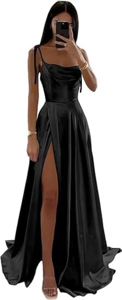 simple black dress for prom Black Satin Sheath Spaghetti Straps Long Prom Dresses With Side Slit, MP859