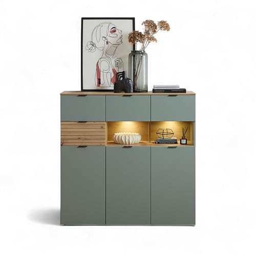 Stella Trading INA Highboard in Schilfgrün, Artisan Eiche Optik FSC-Zertifiziert - Moderner Wohnzimmerschrank mit Schubladen und LED-Beleuchtung - 125 x 125 x 45 cm (B/H/T) Stella Trading INA Highboard in Schilfgrün, Artisan Eiche Optik FSC-Zertifiziert - Moderner Wohnzimmerschrank mit Schubladen und LED-Beleuchtung - 125 x 125 x 45 cm (B/H/T)
