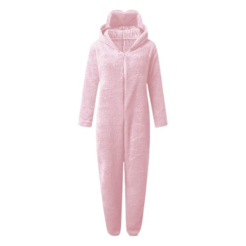 Duohropke Mono de invierno para mujer, de forro polar, una pieza, cálido, elegante, pijama largo, mullido, antifaz para dormir, con capucha y cremallera, Rosa., S