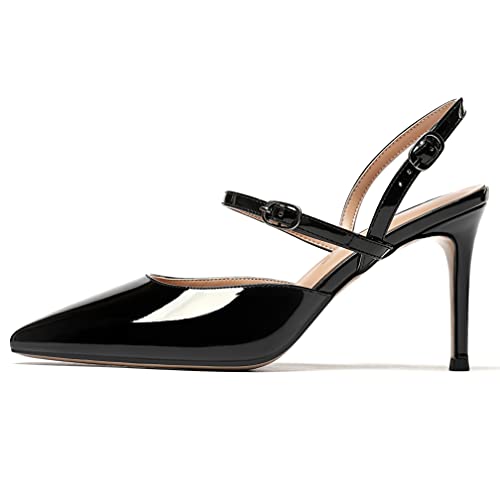 WAYDERNS Women's Patent Leather Mary Jane Double Buckle Strap Slingback Solid Pointed Toe Stiletto High Heel Pumps Shoes 3.5 Inch2