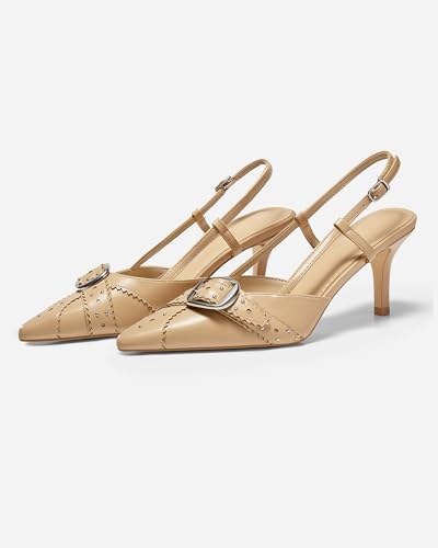Image of Coutgo Womens Slingback Kitten Heels Studded Closed Pointed Toe Pumps with Buckle Party Dress Shoes