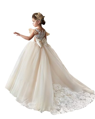Lace Tulle Flower Girl Dresses for Wedding Ruffle Sleeve First Communion Dress Pageant Ball Gown with Bow