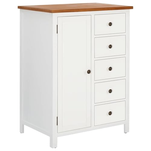 Teenpull Armoire en chêne massif et acacia 76 x 52 x 105 cm, avec tringle à vêtements, 5 tiroirs, laqué blanc, espace de rangement pour chambre à coucher,...