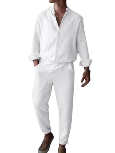 Oanviso Completo Estivo da Uomo 2 Pezzi Tuta Completa Camicia a Manica Lunga + Pantaloni Set in Cotone Lino Casual per Spiaggia Tuta Yoga Pigiama Comodo Traspirante A Bianco L
