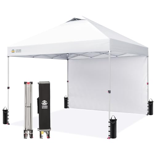 CROWN SHADES 10x10 Pop Up Canopy with 1 Side Wall - Beach Tent with One Push Setup - Outdoor Sun Shade for Events, Parties, Camping - Gazebo with STO-N-Go Cover Bag (White)