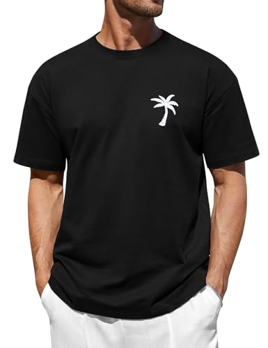 Svanco Herren Sommer Oversize T-Shirt, Baumwolle Locker Kurzarm Shirt, Palm Gemustert Casual Top mit Rundhal