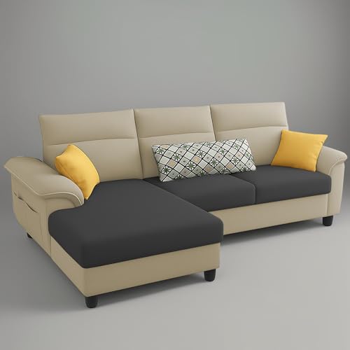 Image of Casaliving Seams LHS 4 Seater L Shape Sofa for Living Room (Cream Black Fabric) Premium Fabric Sofa