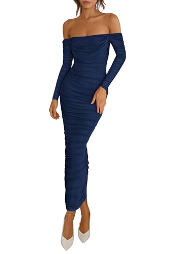 PRETTYGARDEN Womens 2025 Fall Long Sleeve Maxi Dress Off Shoulder Mesh Ruched Bodycon Trendy Long Wedding Guest Dresses