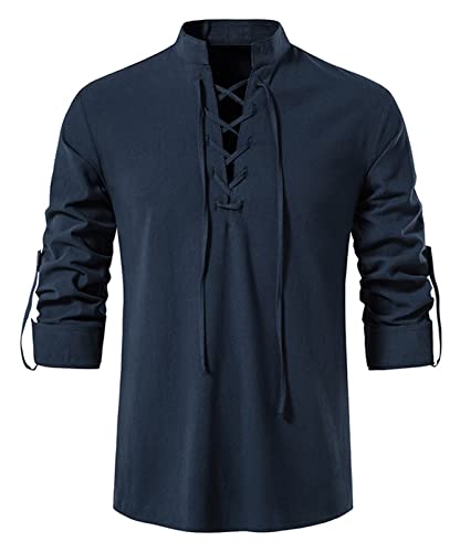 Idopy Henley Pull rétro à lacets pour homme Style Renaissance médiéval, bleu, L Cover