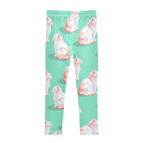 White Cat on Green Girls Leggings Athletic Pants Tights Stretch Bottom2