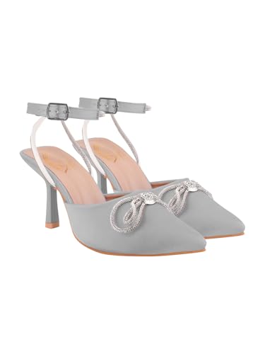 Image of Women's Satin High Heel Sandals Pointed Toe Party Heels with Rhinestone Bow & Ankle Strap - Elegant Stilettos for Weddings & Events