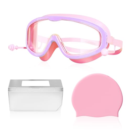 TYFGRT 1 gafas para niños, 1 caja de almacenamiento de gafas de natación, 1 gorro de natación, gafas de natación para niños, gafas de natación para niñas, gafas de protección impermeables.
