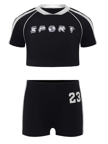 Kids Girls Color Block Sports Set Dancewear Short Sleeve Crop Top with Shorts for Stage Performance3