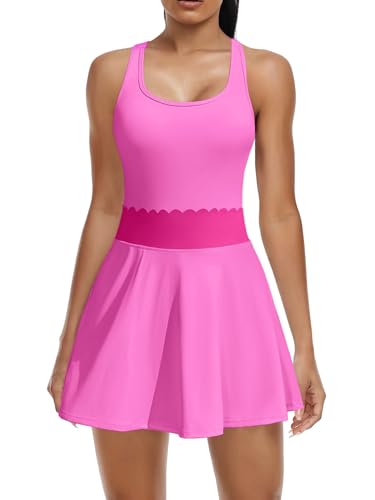 ATTRACO Women's 2 Piece Tennis Dress with Built-in Shorts Scalloped Golf Dress Racerback Athletic Skirts