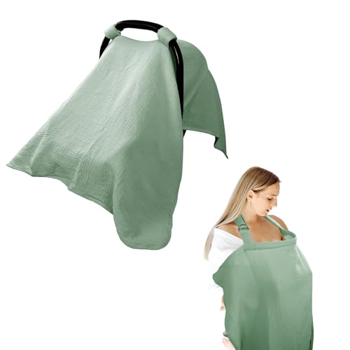 Image of Hooyax 2-in-1 Baby Car Seat Cover & Nursing Cover, 100% Muslin Cotton, Breathable Car Seat Canopy and Privacy Breastfeeding Cover, Green