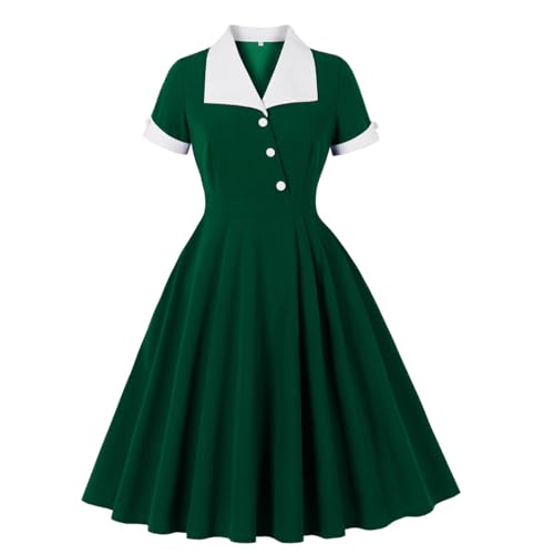 Wellwits Womens Shirt Collar Formal Vintage Office Lady Work Dress Dark Green M