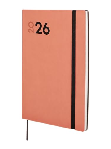 Finocam Agenda 2026, vista settimanale verticale, gennaio a dicembre (12 mesi), agenda annuale 2026 con elastico e nastro a punti, copertina morbida Dynamic Mara, corallo, catalano