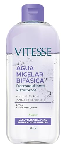 Vitesse, Agua Micelar Bifásica, Desmaquillante Waterproof Bifásico para Ojos y Labios, con Aceite de Tsubaki y Agua de Flor de Loto, Limpia Profundamente e Hidrata, Acabado No Graso, 400 ml