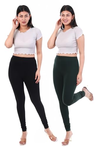 Image of TPF Women Solid Cotton Lycra 4 Way Stretchable Leggings | Combo Pack of 2 Comfortable Churidar-Length Slim Fit Leggings for Women & Girls