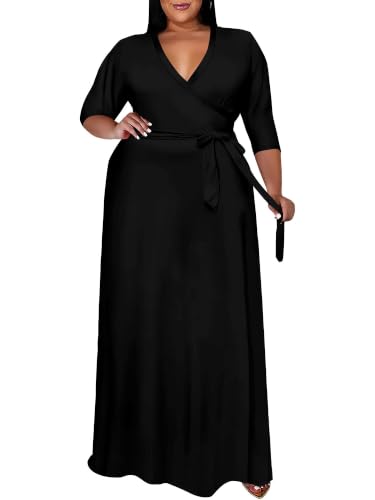 Image of SUZONANA Plus Size Maxi Dresses for Curcy Women Casual Loose 3 /4 Sleeve Long Dress with Belt