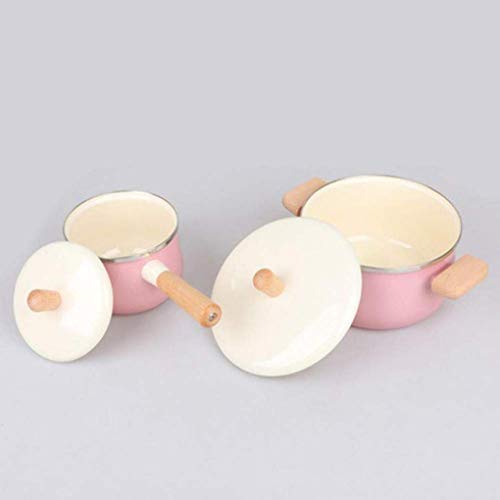 Olla de cerámica de 2 Piezas de Hierro Fundido esmaltado, Olla para Leche con Mango de Madera, Antiadherente, fácil de Limpiar, Color Rosa.