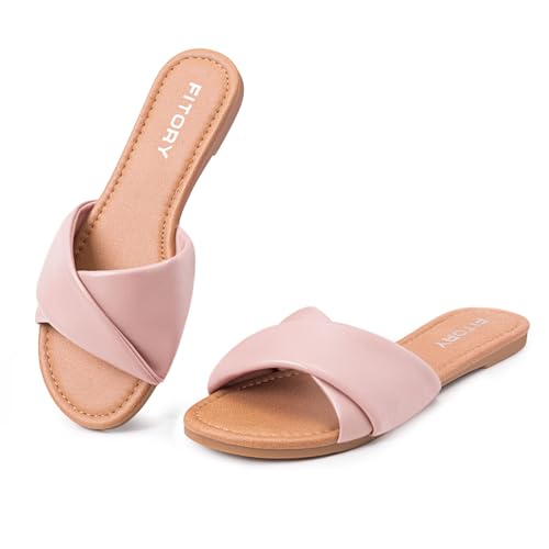 Image of FITORY Women's Flat Sandals Fashion Slides With Soft Leather Slippers for Summer Size 6-11