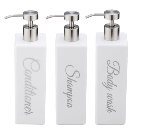 White Acrylic Shampoo, Conditioner and Body wash Dispenser with Permanent Silver Label - Shower Dispenser - Shampoo Dispenser- Bathroom Shower Dispenser (Set of 3)