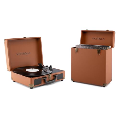 Image of Victrola Journey II Bluetooth 3-Speed Suitcase Record Player & Collector II Vinyl Record Storage Case, Holds 30+ Albums (Bundle, Brown)