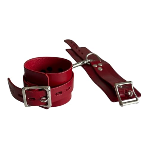 Slap Leather Premium Leather Wrist Cuffs, Lockable Design, Red, Silver Buckle