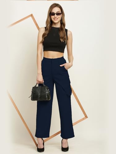 Image of Fashion Women's Casual Cargo Pants Flared High Waist Relaxed Fit Stretchable Parallel Trousers