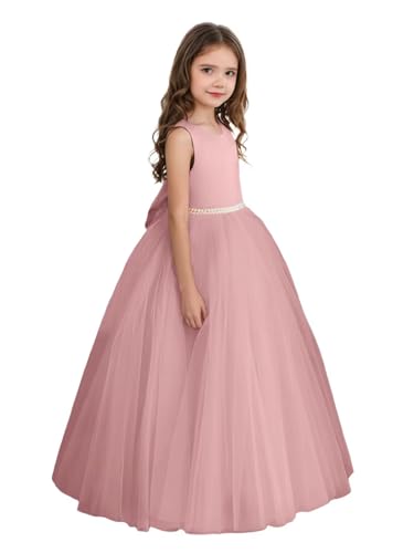 Flower Girl Dresses for Wedding Satin Tulle Princess Pageant Dress with Bow Pearls Long First Communion Dress