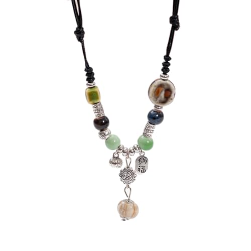 Asukohu Collares para mujer, collar con colgante de cerámica hecho a mano, gargantilla de cuentas de cerámica, joyería étnica para mujeres y niñas, Cuerda de cera de cuentas de cerámica