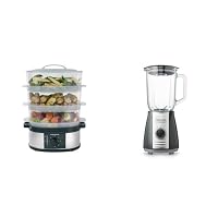 Morphy Richards 48755 3 Tier Food Steamer Three Tier Stainless Steel Food Steamer, Black & Total Control Glass Jug Blender with Ice Crusher Blades, 5 Speed Settings