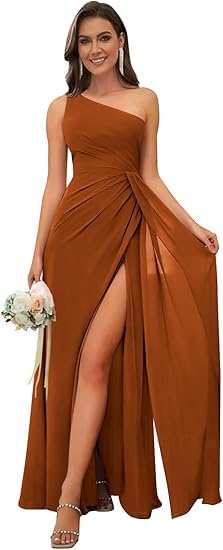 JIIL Wickelkleider Brautjungfern,Eins Schulter Brautjungfernkleid Sexy Rückenfreies Chiffon Abendkleid Mit Schlitz Verbrannte Orange 38