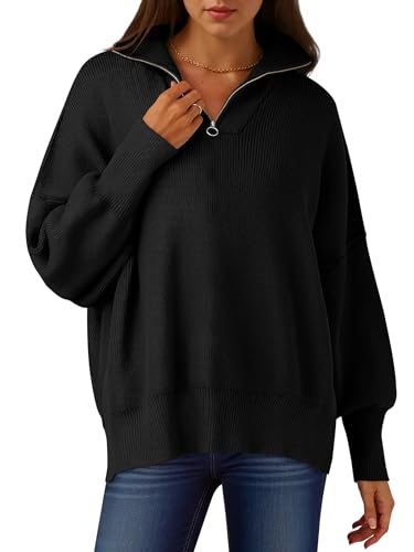 Image of ANRABESS Womens Oversized Quarter Zip Pullover Sweaters | Fall Fashion Outfits, Long Sleeve Slit Side, Baggy Loose Fit, 1 /4 Zip Lapel Collared, Ribbed Knit Soft Warm Winter Clothing