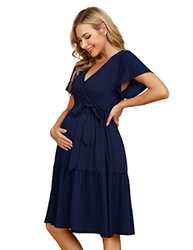 KOJOOIN Vestido de maternidad para mujer, cuello en V, vestido de lactancia, informal, vestidos de maternidad con volantes (embalaje MULTIVÍA), Azul oscuro1(manga corta), M