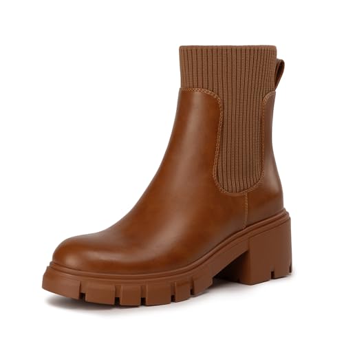 Athlefit Women's Chelsea Boots Fall Platform Ankle Boots Slip on Chunky Lug Sole Tan Boots Size 7.5