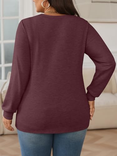 WYNNQUE Womens Plus Size Tops Long Sleeve Henley V Neck T Shirts Business Casual Fall Outfits Loose Fit Dressy Tunics Blouses4