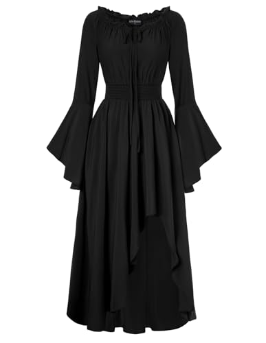 SCARLET DARKNESS Mittelalter Kleidung Damen Langram Gesmokte Taille Corsagenkleid High Low Renaissance Schwarzes Kleid S