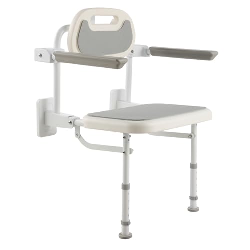 VEVOR Asiento de Ducha Abatible HDPE, Silla de Ducha Plegable Montaje en Pared con Respaldo, Reposabrazos y Patas Antideslizantes, Marco de Acero Inoxidable, Carga de 150 kg, para Adultos, Mayores
