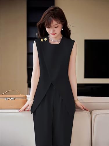 Women's Two Piece Premium Sleeveless Top Blazer Jacket Wide Leg Pants Set Business Summer Casual Suit4