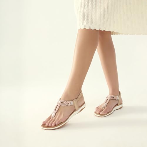Image of UBFEN Womens Flat Sandals with Arch Support - T-Strap Thong Sandals with Elastic Back Strap, Comfortable for Walking, Bling, Rhinestone, Dressy