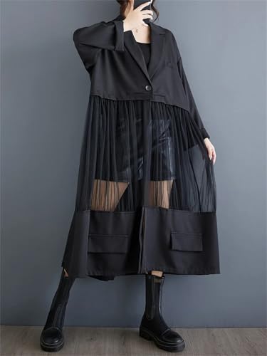 Women Mesh Patchwork Long Coat Solid Buttons Pockets Lapel Long Sleeve Loose Casual Jacket4